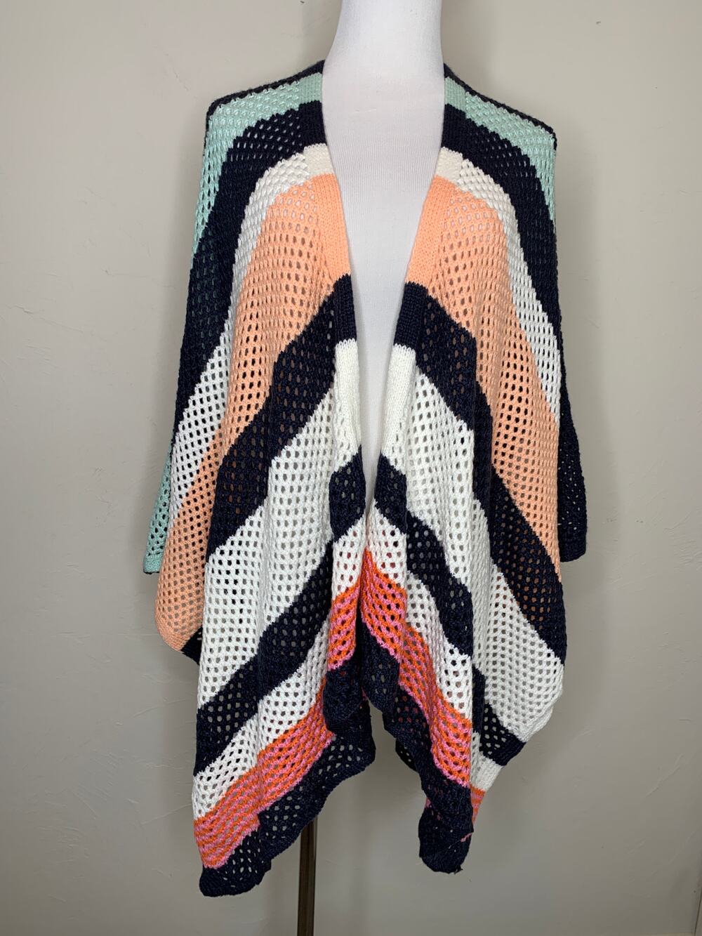 Anthropologie Striped Blue Ceam Coral Peach Sweater Poncho Cardigan OSFA